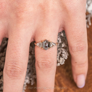 2.57 Carat Black Speckled Hexagon Diamond Engagement Ring, Zoe Setting, 14K Yellow Gold