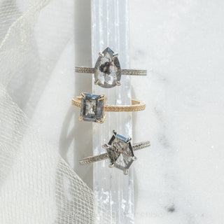 1.22 Carat Salt and Pepper Hexagon Diamond Engagement Ring, Engraved Jane Setting, 14K White Gold
