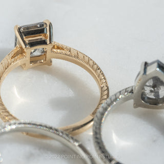 1.22 Carat Salt and Pepper Hexagon Diamond Engagement Ring, Engraved Jane Setting, 14K White Gold