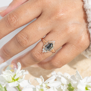 2.18 Carat Black Hexagon Diamond Engagement Ring, Amelia Setting, 14K Peach Gold