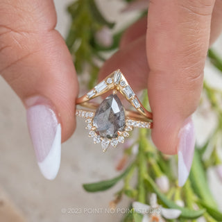 3.72 Carat Salt and Pepper Pear Diamond Engagement Ring, Avaline Setting, 14K Yellow Gold