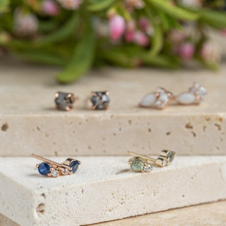 Blue Sapphire and Diamond Studs, 14k Rose Gold Earrings