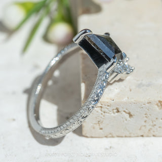 2.28 Carat Black Speckled Kite Diamond Engagement Ring, Engraved Wren Setting, Platinum