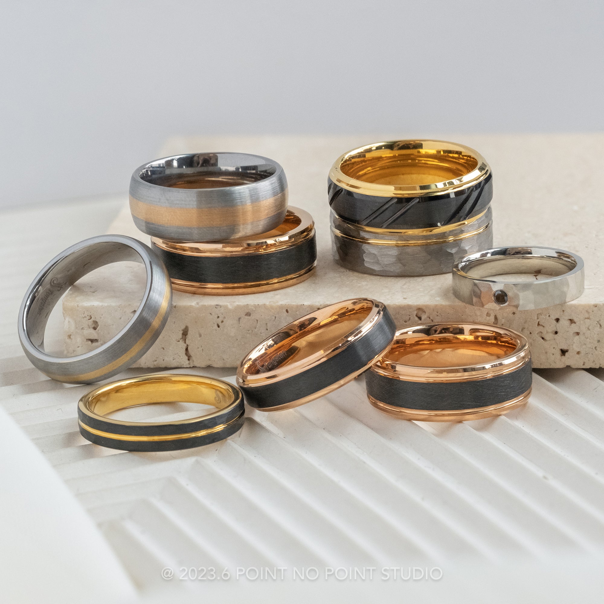 8mm Grooved Men's Tungsten Ring with 18K Yellow Gold Plating