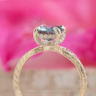 2.21 Carat Oval Teal Sapphire Engagement Ring, Faye Setting, 14K Yellow Gold