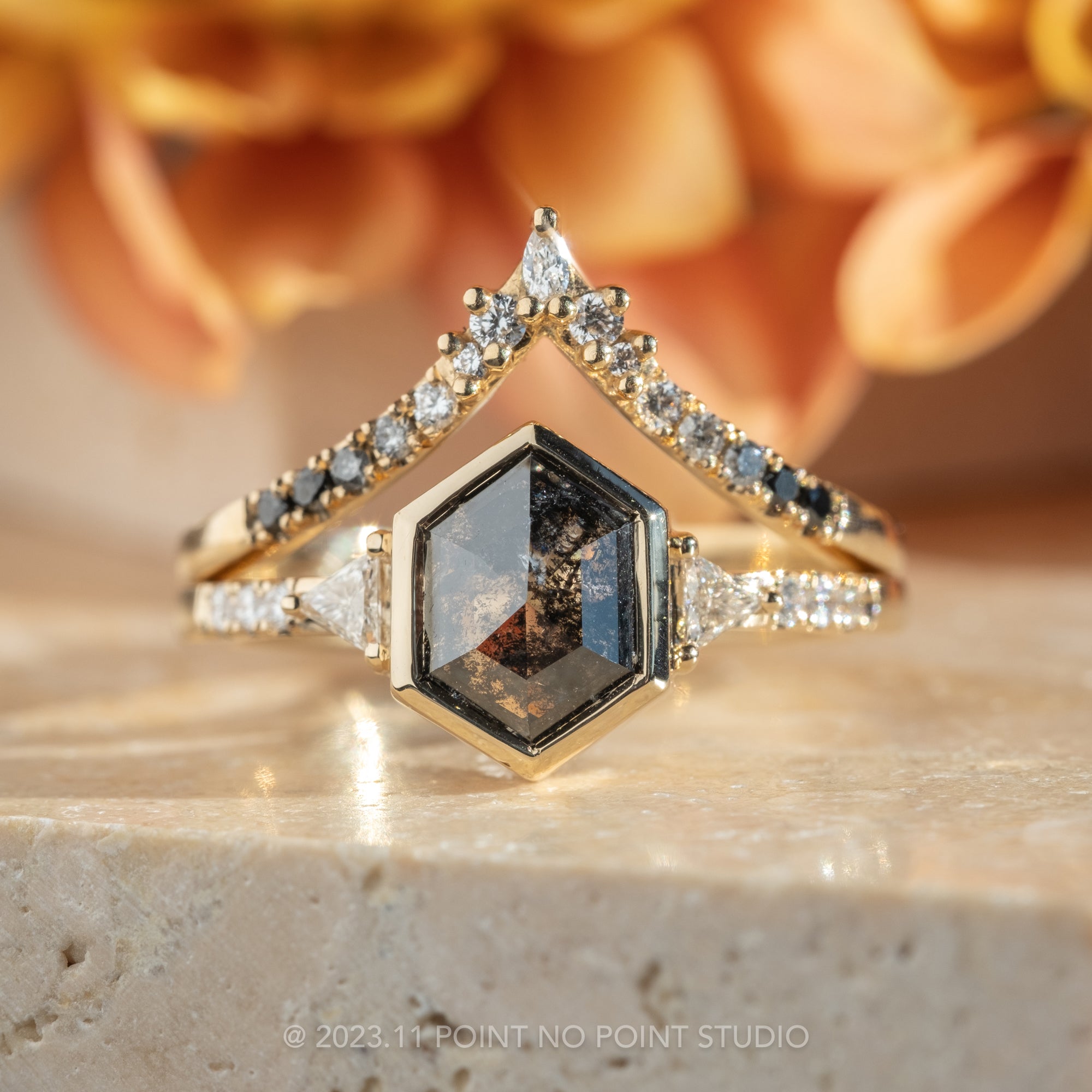 1.56 Carat Black Speckled Hexagon Diamond Engagement Ring, Bezel Eliza  Setting, 14K Yellow Gold