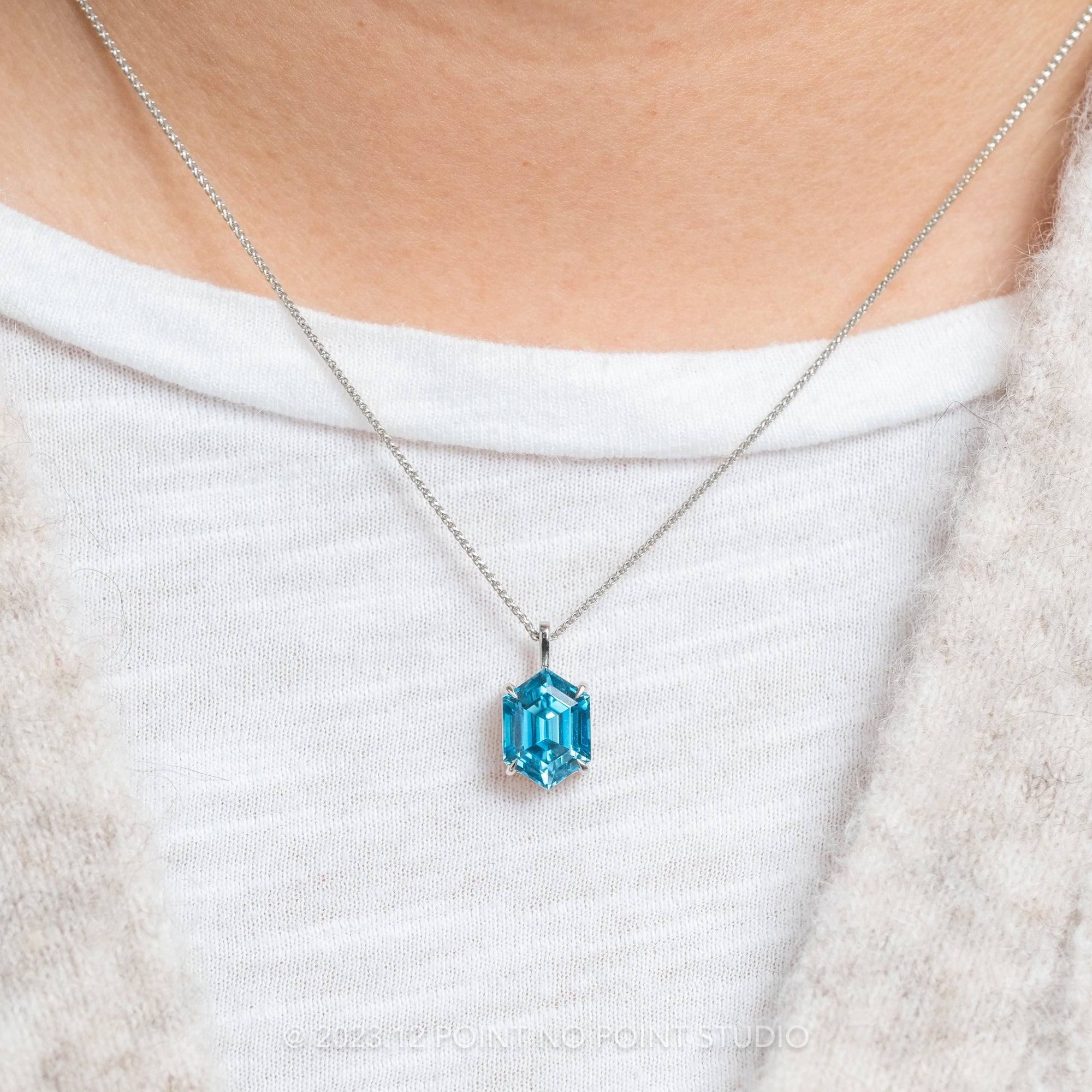 Carat Blue Hexagon Zircon Necklace, 14k White Gold – Point No