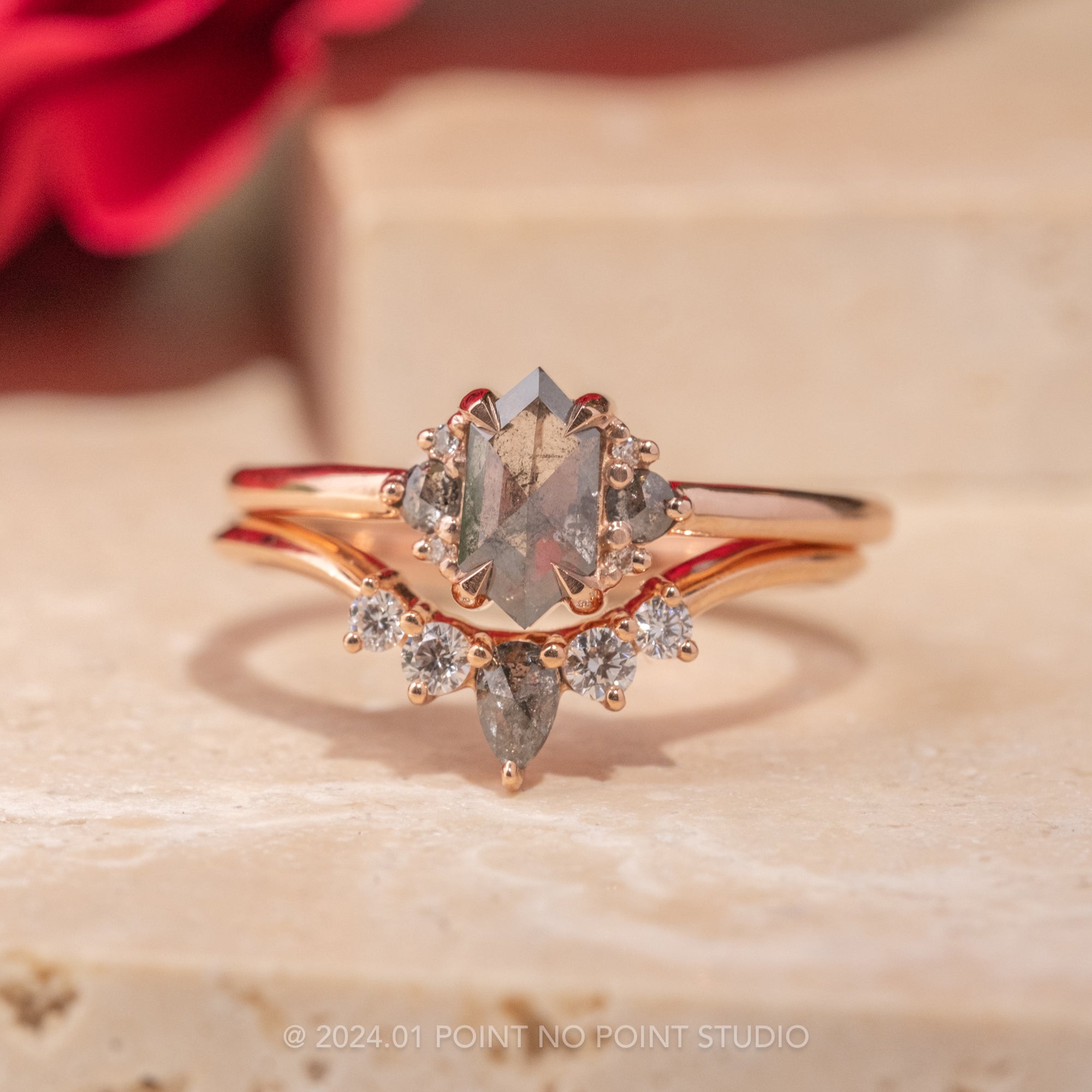 Salt Pepper Rose Cut Pear Diamond Wedding Band โ Point No Point