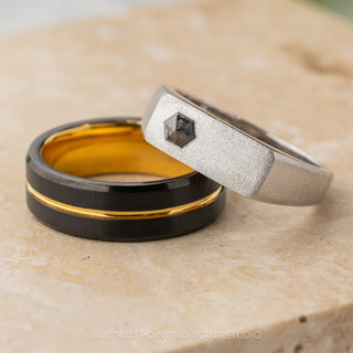 Black Salt and Pepper Hexagon Diamond Mens Signet Wedding Ring, Matte