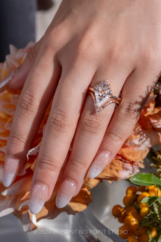 2.39 Carat Kite Moissanite and Diamond Engagement Ring, Ava Setting, 14k Peach Gold