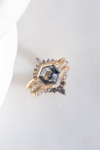 1.55 Carat Black Speckled Hexagon Diamond Engagement Ring, Bezel Jules Setting, 14K Yellow Gold