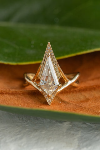 2.01 Carat Kite Moissanite and Diamond Engagement Ring, Twisted Arwen Setting, 14k Yellow Gold