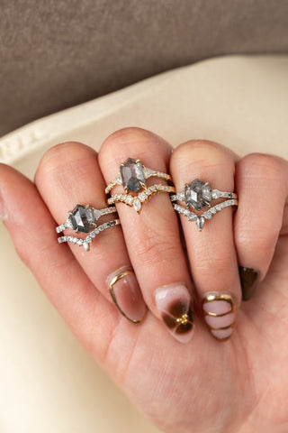 salt and pepper hexagon diamond rings