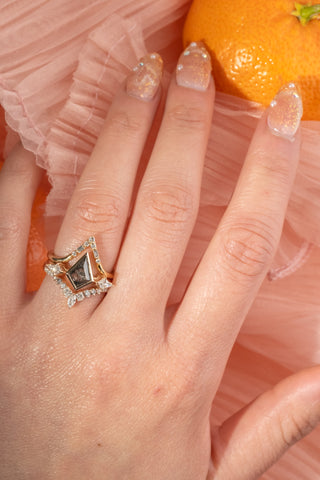 1.14 Carat Black Speckled Kite Diamond Engagement Ring, Bezel Zoe Setting, 14k Peach Gold