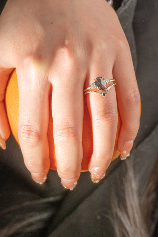 1.17 Carat Black Speckled Oval Diamond Engagement Ring, Quinn Setting, 14K Peach Gold