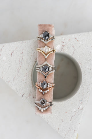 salt and pepper hexagon diamond rings
