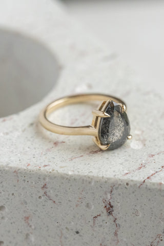 3.36 Carat Black Speckled Pear Diamond Engagement Ring, Lark Setting, 14k Yellow Gold