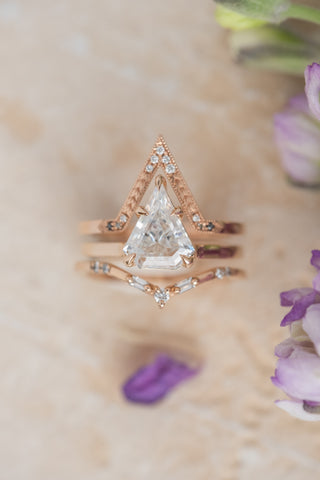 1.69 Carat Shield Moissanite Engagement Ring, Lark Setting, 14k Peach Gold