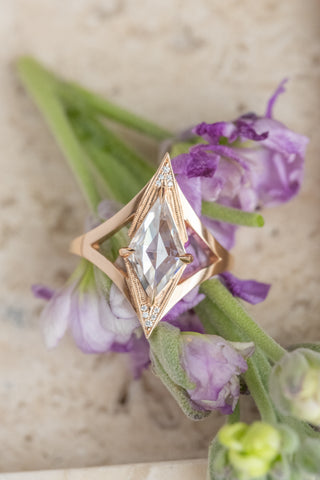 1.03 Carat Kite Moissanite and Diamond Engagement Ring, Arwen Setting, 14k Peach Gold