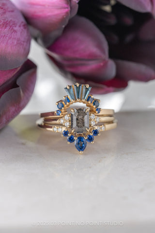 Pear Sapphire and Diamond Contour Band, Basket Emma Setting, 14k Yellow Gold