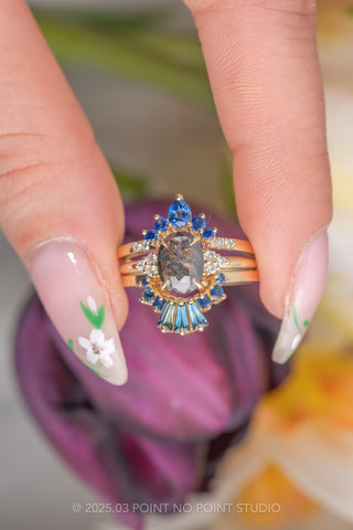 Pear Sapphire and Diamond Contour Band, Basket Emma Setting, 14k Yellow Gold