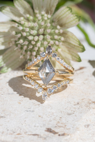 Salt and Pepper Pear and Extra Diamond Cassiopeia Wedding Band, 14k Yellow Gold