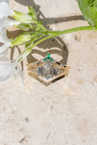 salt and pepper hexagon diamond ring