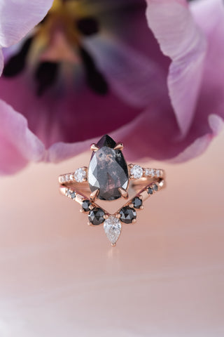 Salt and Pepper Rose Cut Diamond Wedding Ring, Ombre Flora Setting, 14K Rose Gold