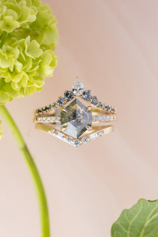 Round and Baguette Diamond V Band, Paloma Setting, Sandblasted Finish, 14K Yellow Gold