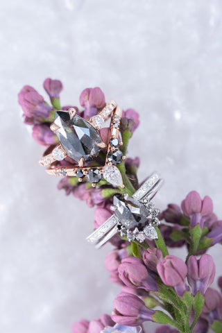 Salt and Pepper Rose Cut Diamond Wedding Ring, Ombre Flora Setting, 14K Rose Gold