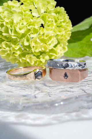 Men's Kite Engraved Signet Style Diamond Wedding Ring, 14K Rose Gold