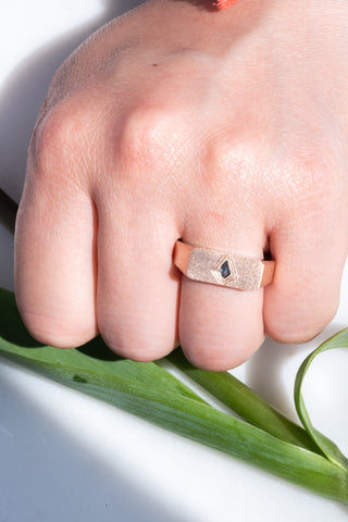 Men's Kite Engraved Signet Style Diamond Wedding Ring, 14K Rose Gold