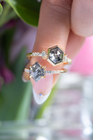 1.67 Carat Salt and Pepper Hexagon Diamond Engagement Ring, Jules Setting, 14K Yellow Gold