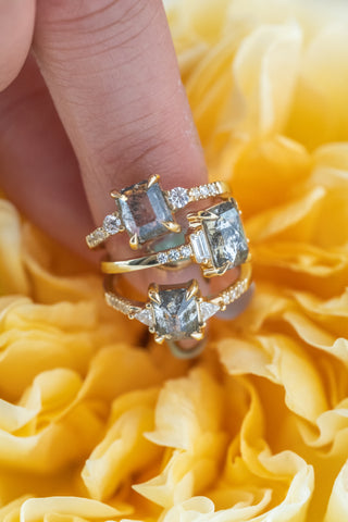 1.55 Carat Salt and Pepper Emerald Shaped Diamond Engagement Ring, Eliza Setting, 14K Yellow Gold