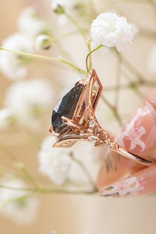 1.76 Carat Black Speckled Kite Diamond Engagement Ring, Thistle Setting, 14k Rose Gold