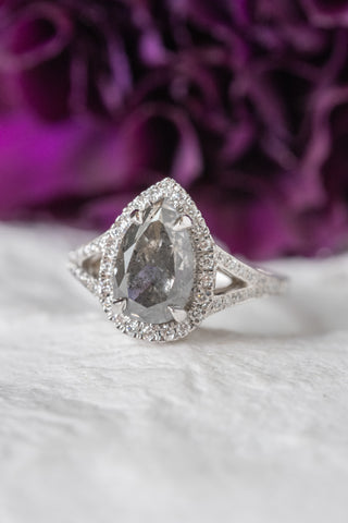 2.23 Carat Salt & Pepper Pear Diamond Engagement Ring, Cascade Setting, 14k White Gold