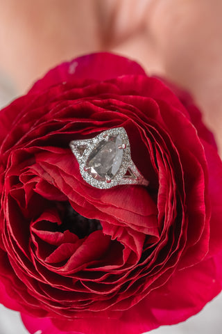 2.23 Carat Salt & Pepper Pear Diamond Engagement Ring, Cascade Setting, 14k White Gold