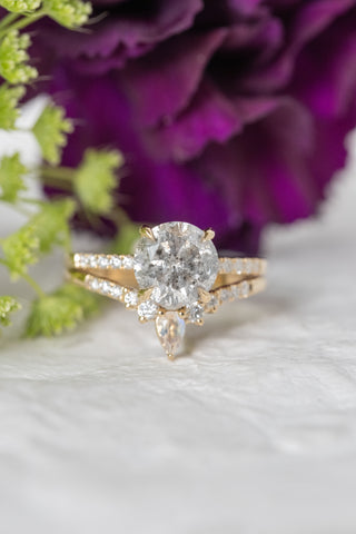 Pear Moonstone and Diamond Wedding Band, Extra Cassiopeia Setting, 14k Yellow Gold