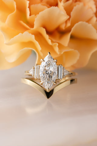 1.70 Carat Marquise Moissanite and Diamond Engagement Ring, Beatrice Setting, 14k Yellow Gold