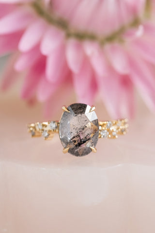 2.93 Carat Salt and Pepper Oval Diamond Engagement Ring, Aspen Setting, 14K Yellow Gold
