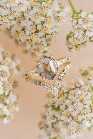 salt and pepper hexagon diamond ring