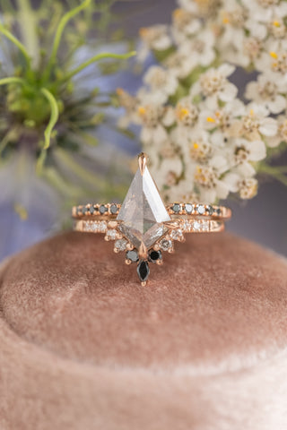 1.70 Carat Salt and Pepper Kite Diamond Engagement Ring, Ombre Avaline Setting, 14K Rose Gold