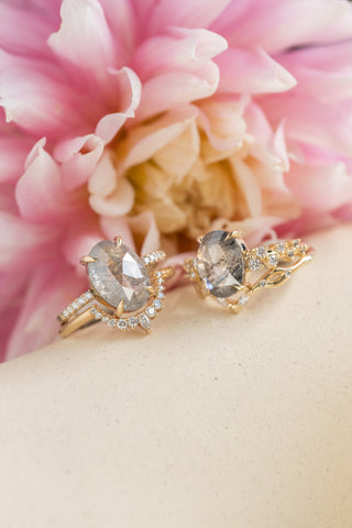 2.93 Carat Salt and Pepper Oval Diamond Engagement Ring, Aspen Setting, 14K Yellow Gold