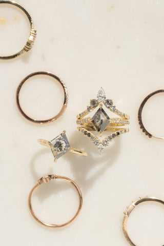 Rose Cut Salt and Pepper and White Diamond Wedding Ring, Flora Setting, 14K Yellow Gold