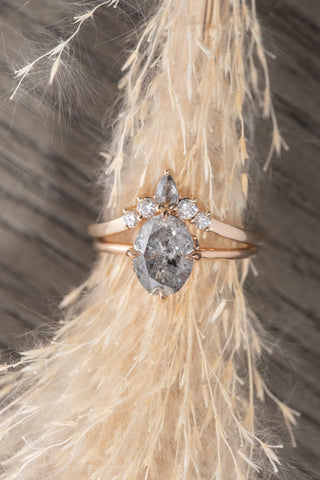 Salt and Pepper Rose Cut Pear Diamond Wedding Band, Cassiopeia Setting, 14K Peach Gold