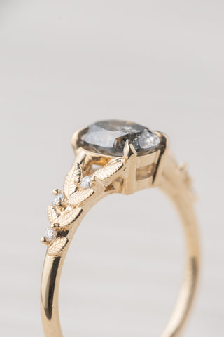 1.27 Carat Salt and Pepper Oval Diamond Engagement Ring, Magnolia Setting, 14k Yellow Gold