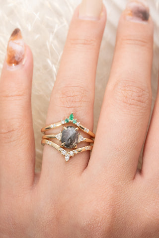 Emerald and Diamond Wedding Band, Flora Setting, 14k Yellow Gold