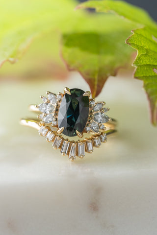 2.43 Carat Teal Oval Sapphire and Diamond Engagement Ring, Monarch Setting, 14K Yellow Gold