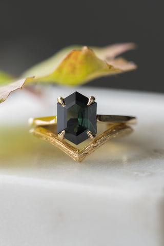1.97 Carat Teal Hexagon Sapphire Engagement Ring, Lark Setting, 14K Yellow Gold
