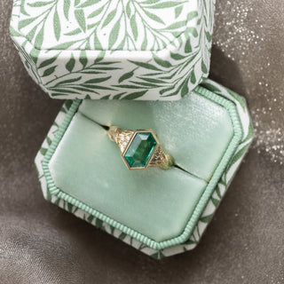 2.01 Carat Hexagon Emerald and Diamond Engagement Ring, Bezel Leaf Quinn Setting, 14k Yellow Gold
